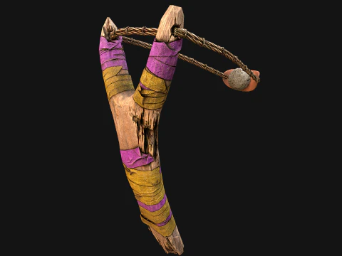 Medieval Wooden Slingshot Colored Set Pack 3D Model