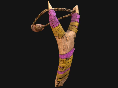 Medieval Wooden Slingshot Colored Set Pack 3D Model