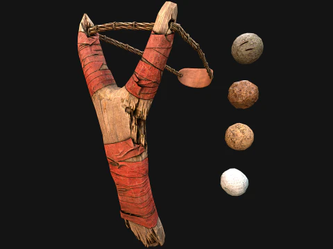 Medieval Wooden Slingshot Colored Set Pack 3D Model