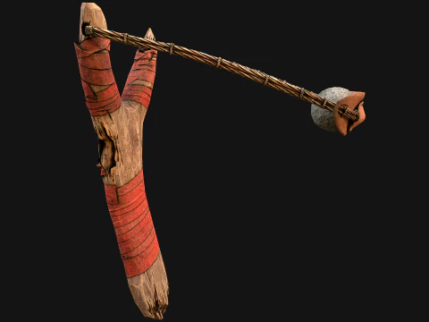 Medieval Wooden Slingshot Colored Set Pack 3D Model