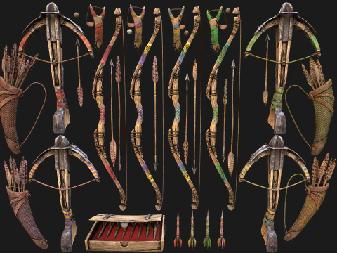 Zestaw broni średniowiecznej Łuk Kusza Proca Dart Model 3D