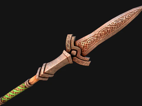 Medieval Wooden Spear Glaive Halberd Weapon 3D Model