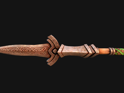 Medieval Wooden Spear Glaive Halberd Weapon 3D Model