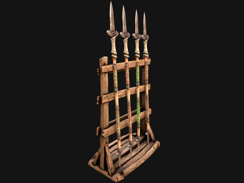 Medieval Wooden Spear Rack Weaponry Armory Set 3D Model