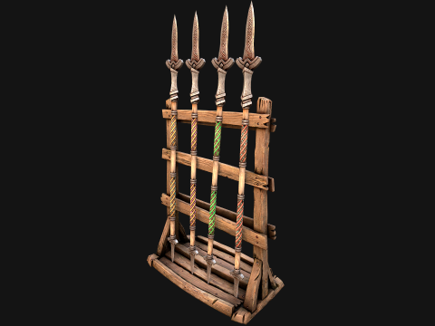 Medieval Wooden Spear Rack Weaponry Armory Set 3D Model