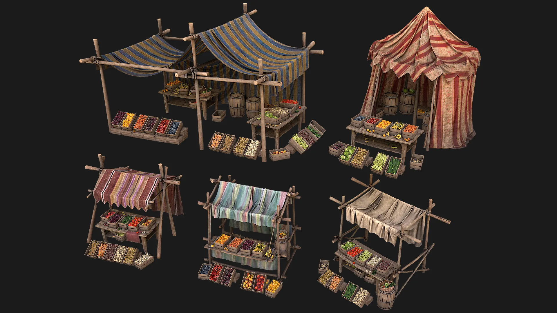Medieval Market Stalls Tent Bazaar Food Vegetables Fruits Pack 3D Model .c4d .max .obj .3ds .fbx .stl .blend 