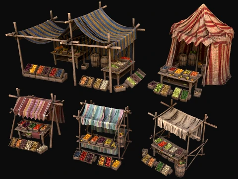 Medieval Market Stalls Tent Bazaar Food Vegetables Fruits Pack 3D Model