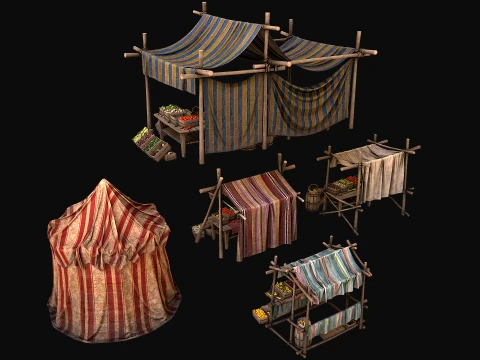 Medieval Market Stalls Tent Bazaar Food Vegetables Fruits Pack 3D Model
