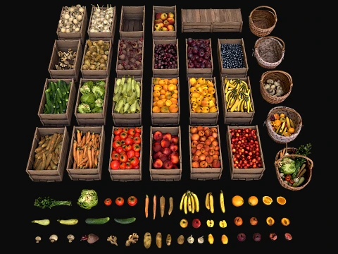 Medieval Market Stalls Tent Bazaar Food Vegetables Fruits Pack 3D Model