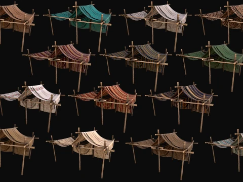 Medieval Market Stalls Tent Bazaar Food Vegetables Fruits Pack 3D Model