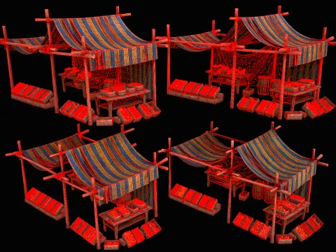 Medieval Market Stalls Tent Bazaar Food Vegetables Fruits Pack 3D Model