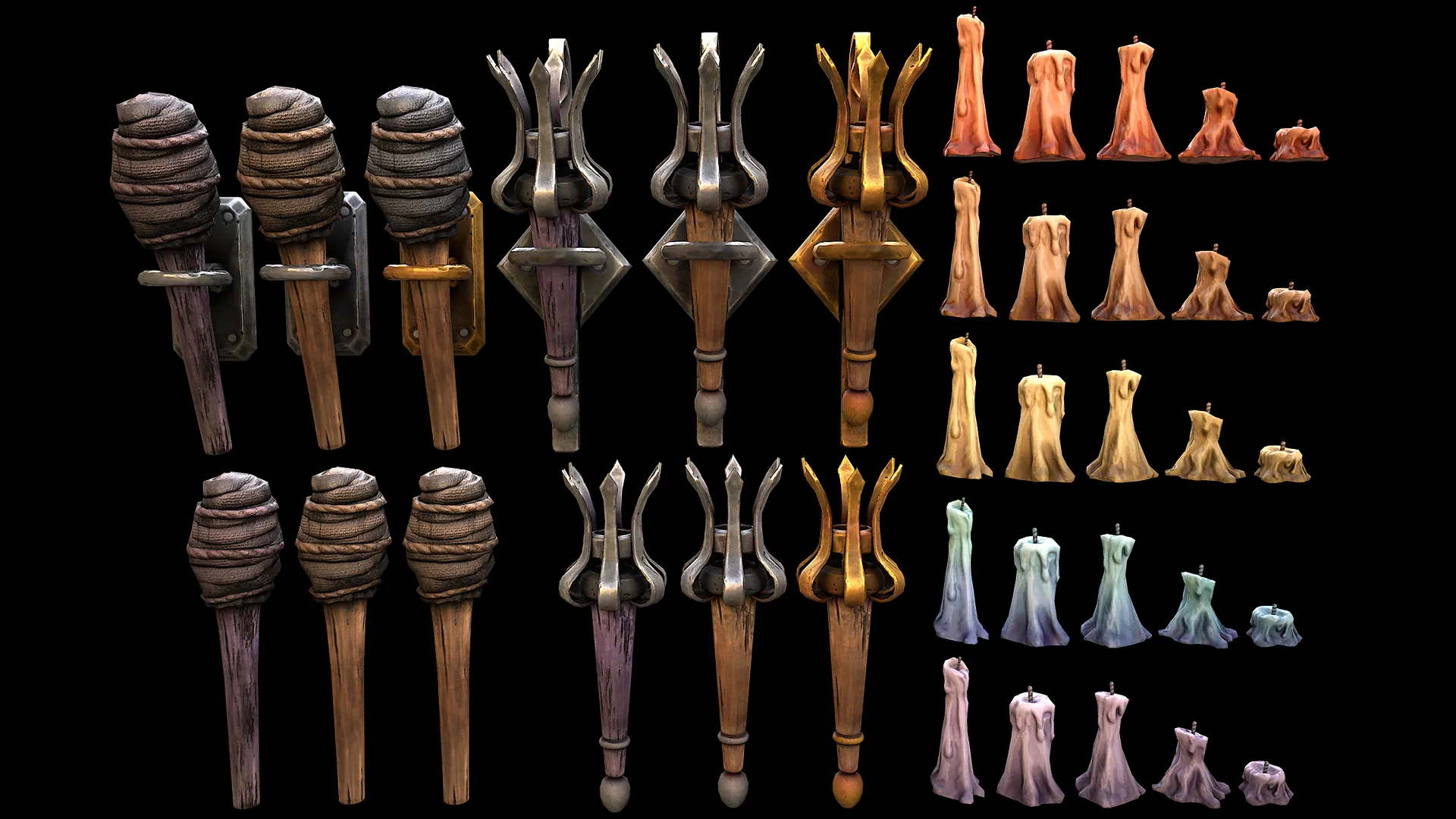 Torch and Candles Castle Dungeon Lighting Furniture Set 3D Model .c4d .max .obj .3ds .fbx .stl .blend 