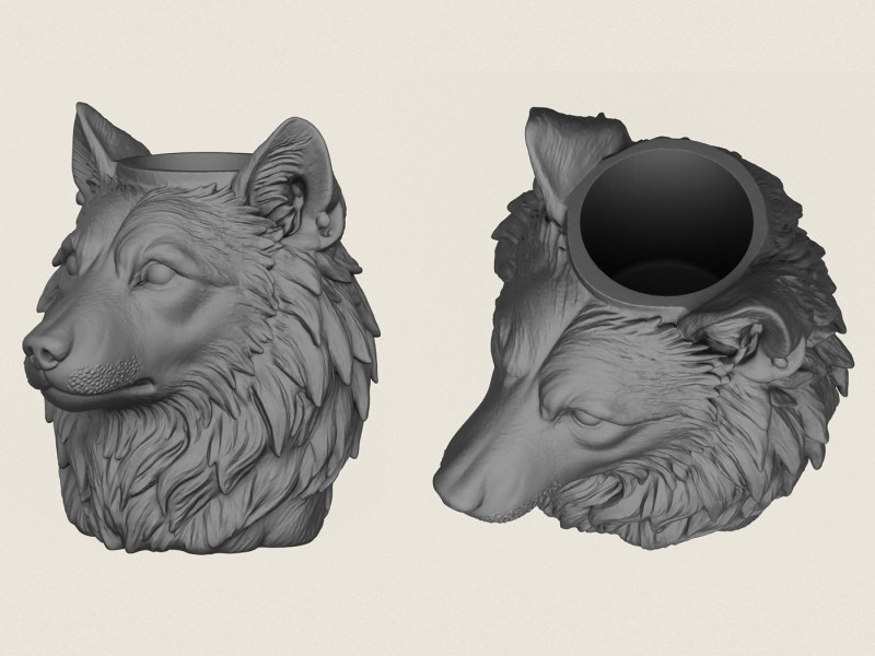 Wolf Head Vase Print Ready Model Cetak 3D .c4d .max .obj .3ds .fbx .stl .blend