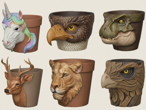 동물 머리 화분 컬렉션 3D 프린트 모델