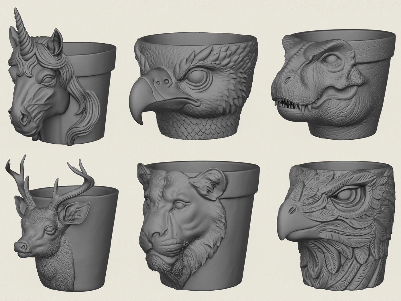 Animal Head Planter Collection 3D Print Model .c4d .max .obj .3ds .fbx .stl .blend