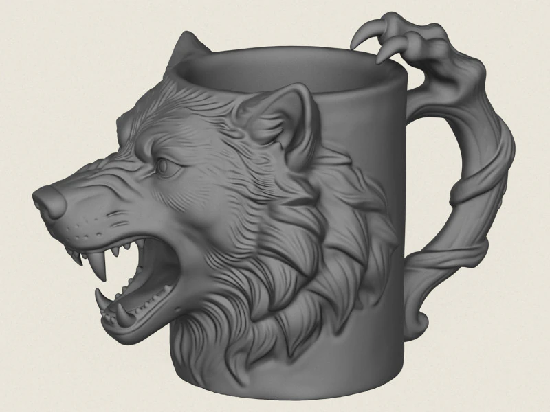 Tazza elegante con testa di lupo Modello di stampa 3D .c4d .max .obj .3ds .fbx .stl .blend