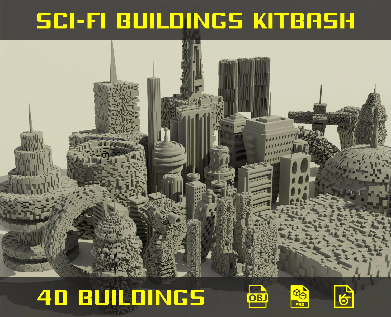 sci-fi buildings kitbash 3D Model .c4d .max .obj .3ds .fbx .stl .blend 