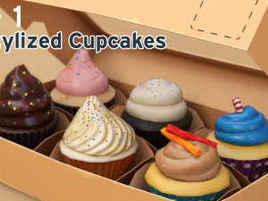 6 stylized cupcakes 3D Model