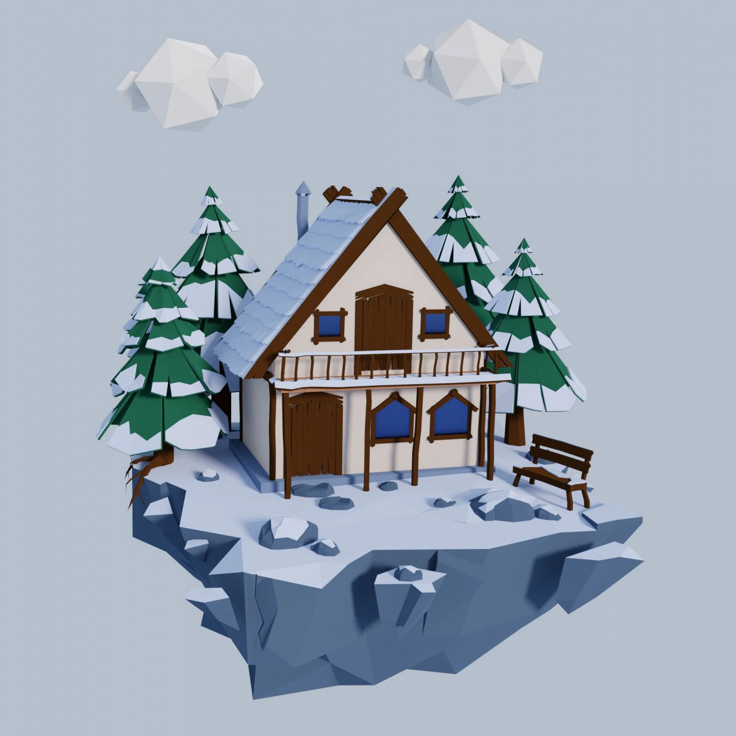 Low poly model snow-covered house in a pine forest on a flying rock Finished winter scene 3D Model .c4d .max .obj .3ds .fbx .stl .blend 
