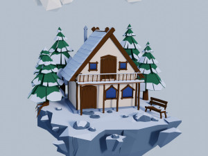 Low poly model snow-covered house in a pine forest on a flying rock Finished winter scene 3Dモデル