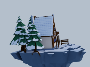 Low poly model snow-covered house in a pine forest on a flying rock Finished winter scene 3D Model