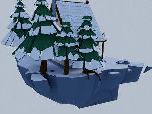 Low poly model snow-covered house in a pine forest on a flying rock Finished winter scene 3D Model