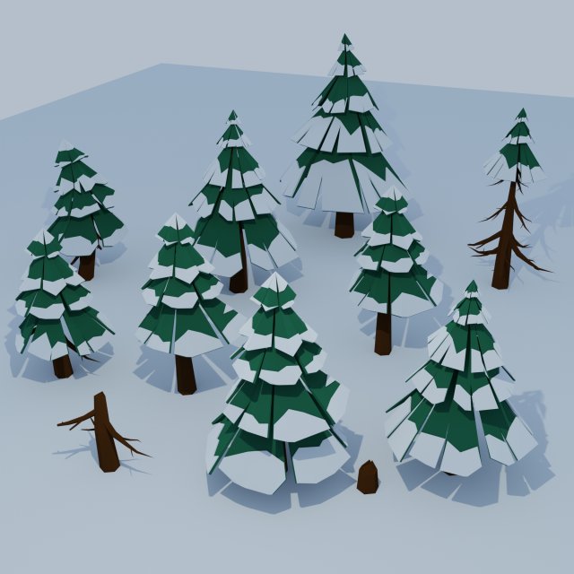 Set of 21 elements Low poly pine trees stones snow covered 3Dモデル .c4d .max .obj .3ds .fbx .stl .blend 