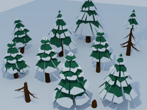 Set of 21 elements Low poly pine trees stones snow covered 3D Model