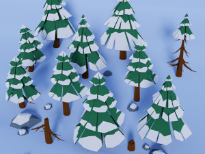 Set of 21 elements Low poly pine trees stones snow covered 3Dモデル