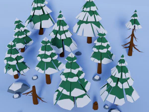 Set of 21 elements Low poly pine trees stones snow covered 3D Model