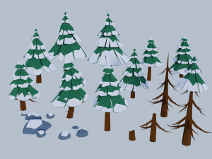 Set of 21 elements Low poly pine trees stones snow covered 3Dモデル
