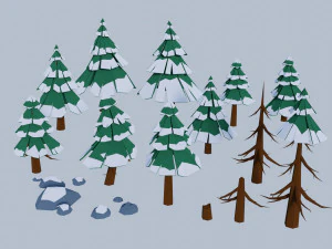 Set of 21 elements Low poly pine trees stones snow covered 3D Model
