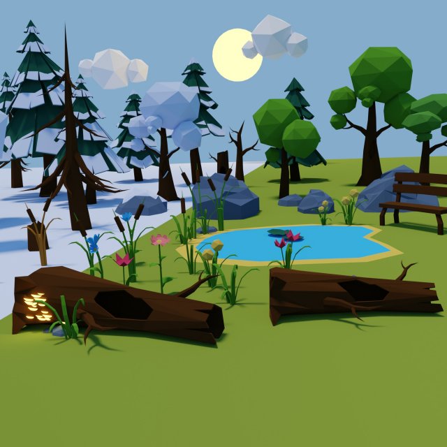 Set of winter and summer elements Forest 3D Model .c4d .max .obj .3ds .fbx .stl .blend 