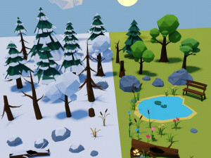 Set of winter and summer elements Forest 3D Model
