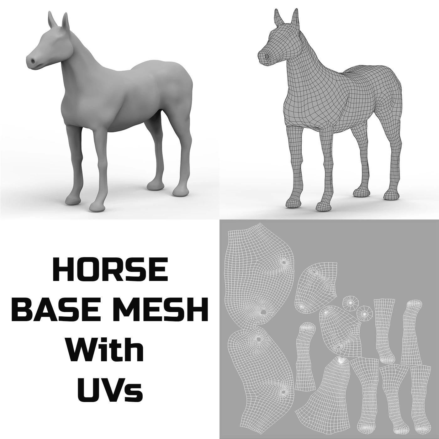 Horse Base Mesh 3D Model .c4d .max .obj .3ds .fbx .stl .blend 