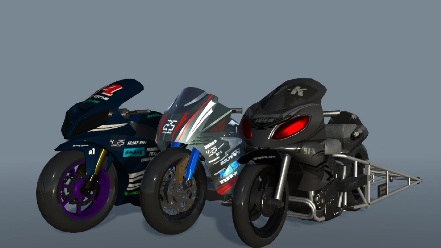 Drag Race Bikes 3D Model .c4d .max .obj .3ds .fbx .stl .blend 