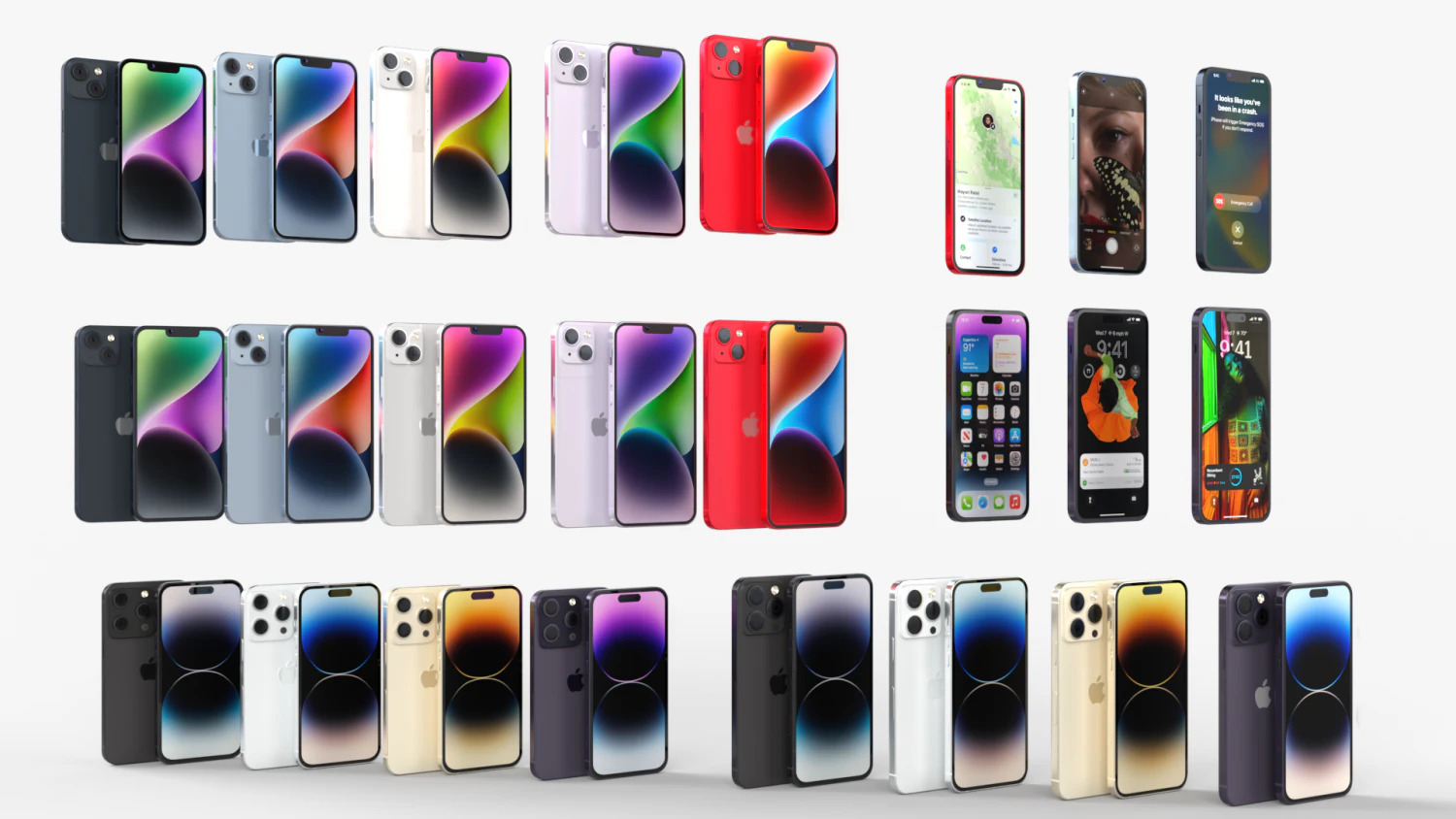Apple iphone 14 All versions and all colors 3D Model .c4d .max .obj .3ds .fbx .stl .blend 