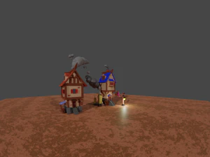 Orta &Ccedil;ağ tarzında iki ev, bir meyhane ve iksir d&uuml;kkanı 3D Model