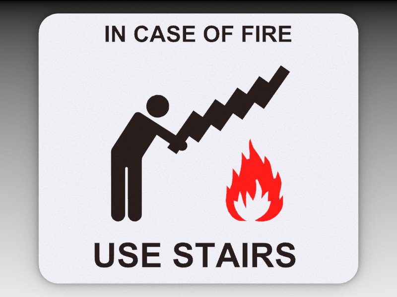 Stairs sign. Use of fire. In case of fire. Exit in case of fire. Use of fire.