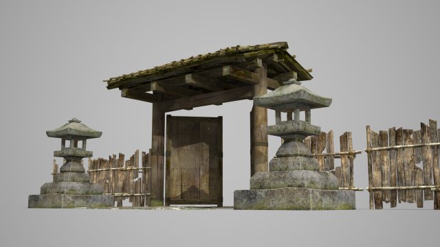 Ancient Asian wooden gate fence 3D Model .c4d .max .obj .3ds .fbx .stl .blend 