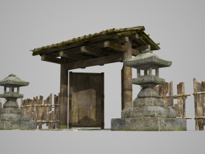 Ancient Asian wooden gate fence 3D 모델