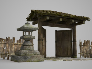 Ancient Asian wooden gate fence 3D Model