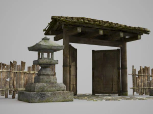 Ancient Asian wooden gate fence 3D Model