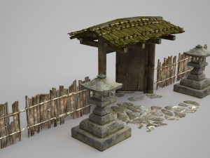 Ancient Asian wooden gate fence 3D Model
