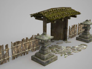 Ancient Asian wooden gate fence 3D Model