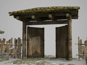 Ancient Asian wooden gate fence 3D Model