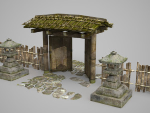 Ancient Asian wooden gate fence 3D Model