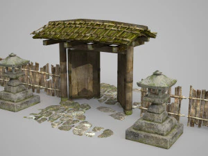 Ancient Asian wooden gate fence 3D Model