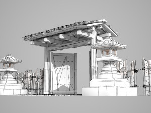 Ancient Asian wooden gate fence 3D Model
