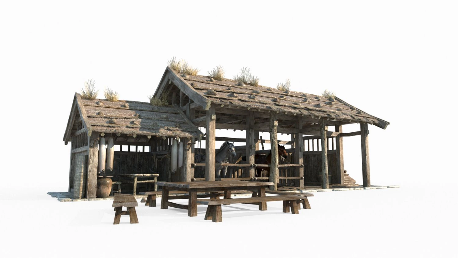 East Asian ancient architecture stables station 3D Model .c4d .max .obj .3ds .fbx .stl .blend